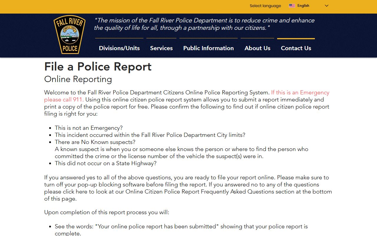 Fall River Police online reporting page for Fall River inmate population