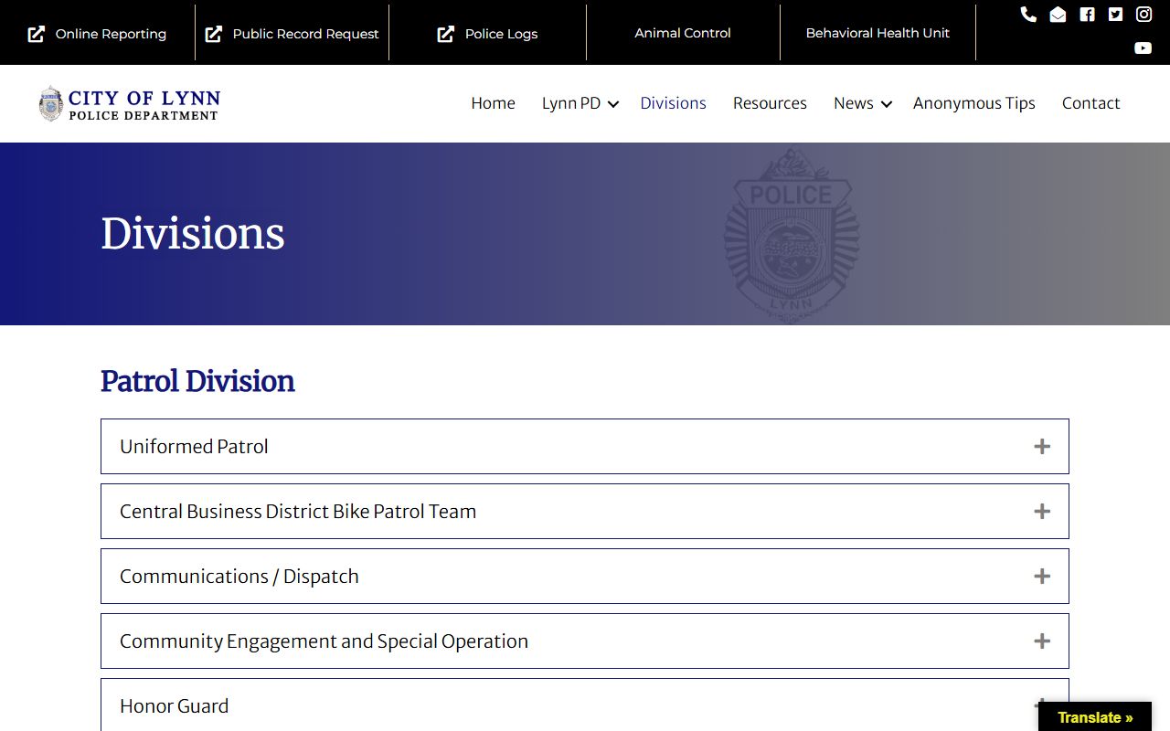 Lynn Police divisions page for Lynn inmate population records