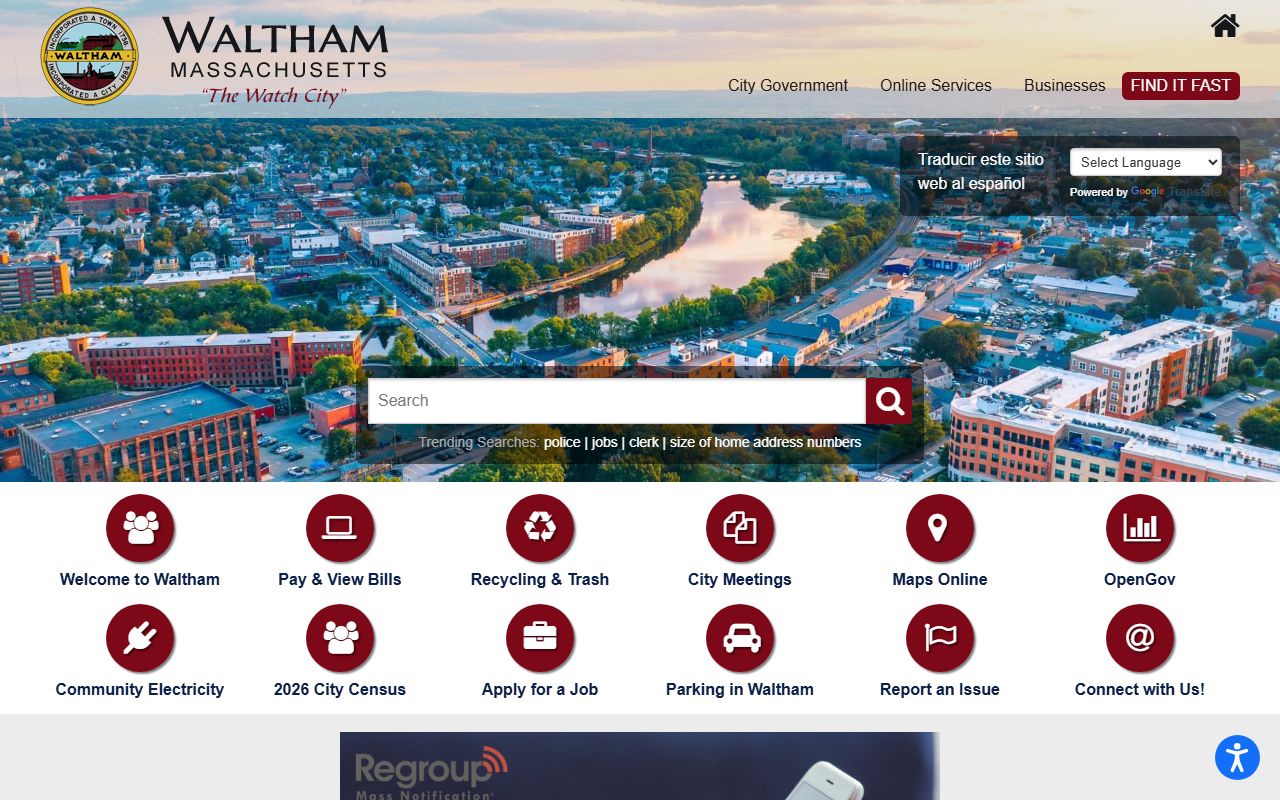 City of Waltham website for Waltham inmate population records