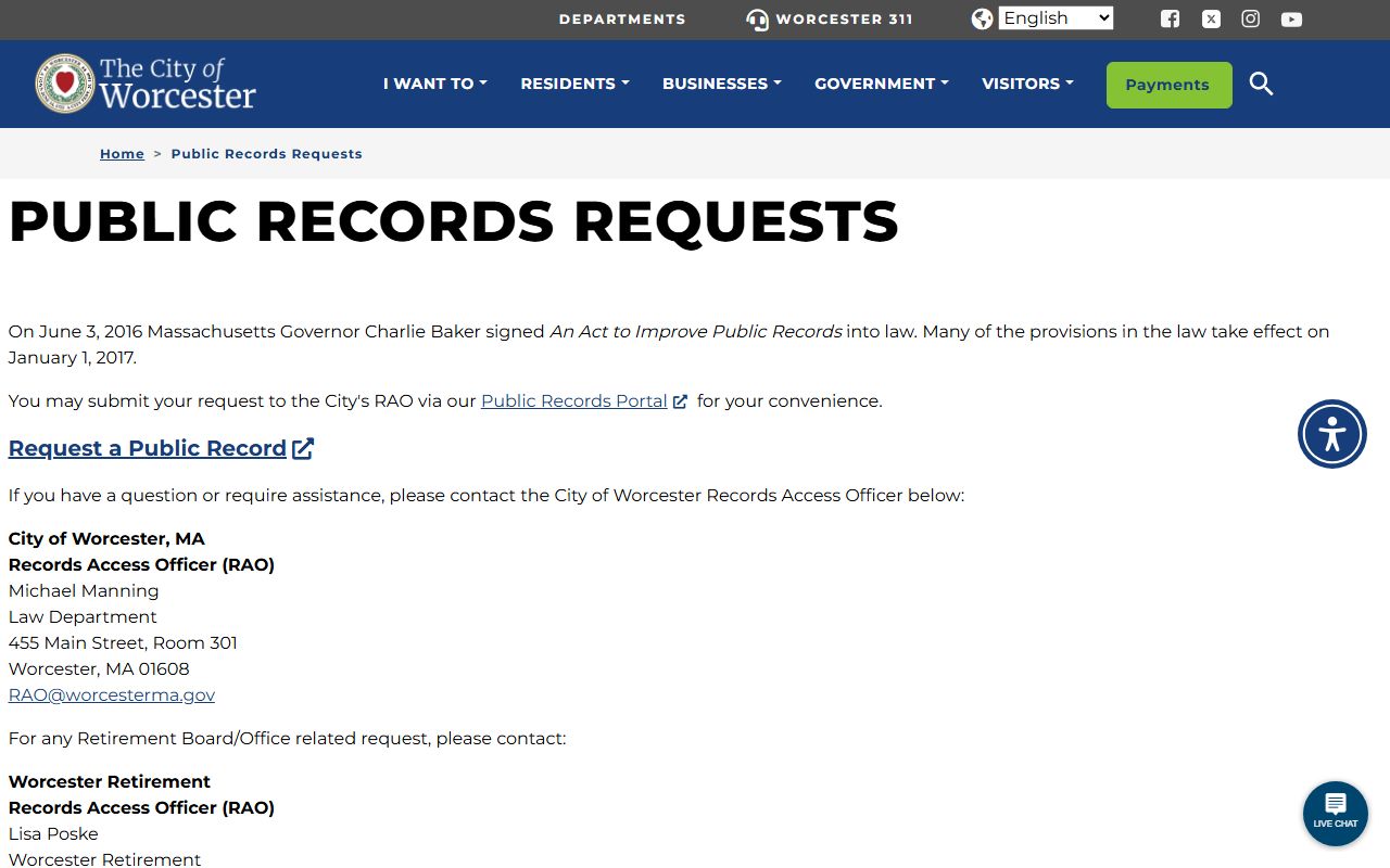 Worcester inmate population public records request page