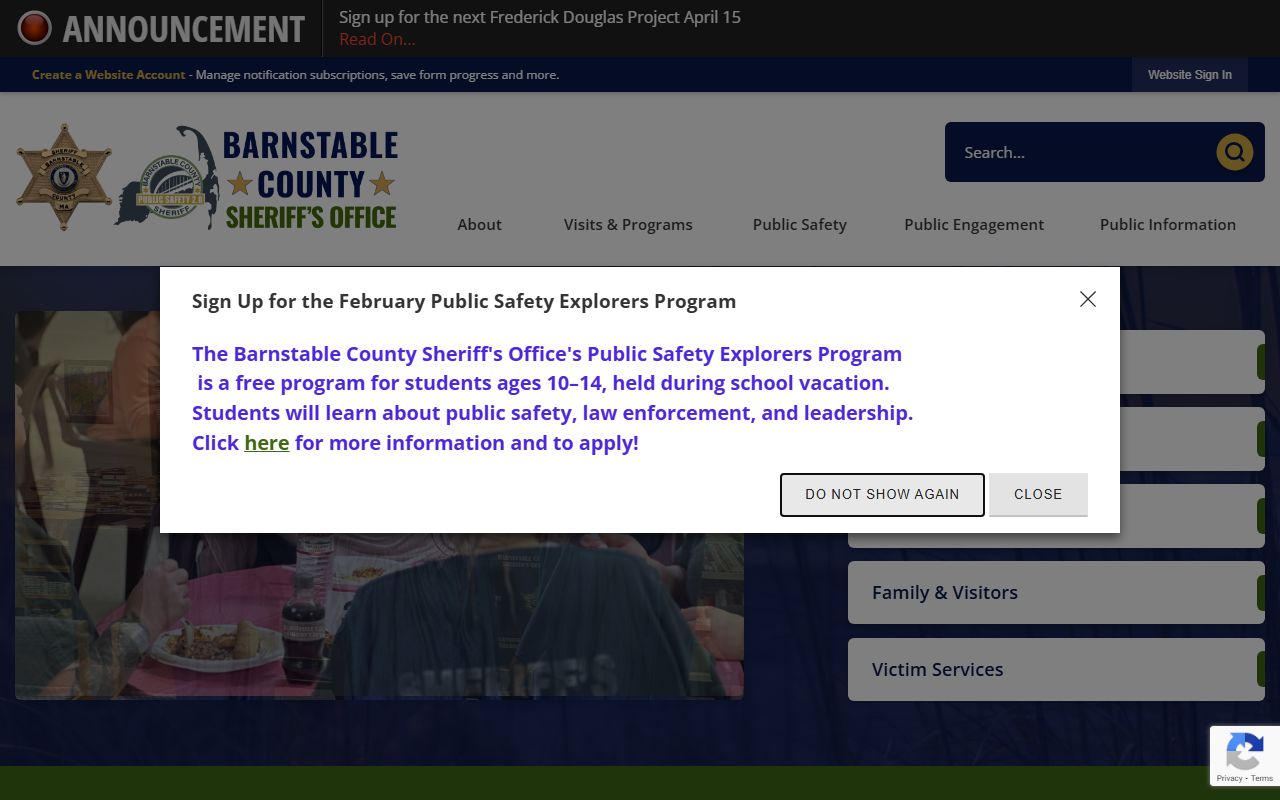 Barnstable County Sheriff website for Barnstable County inmate population search