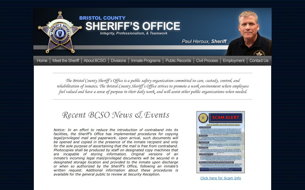 Bristol County Sheriff's Office official website for Bristol County inmate population information