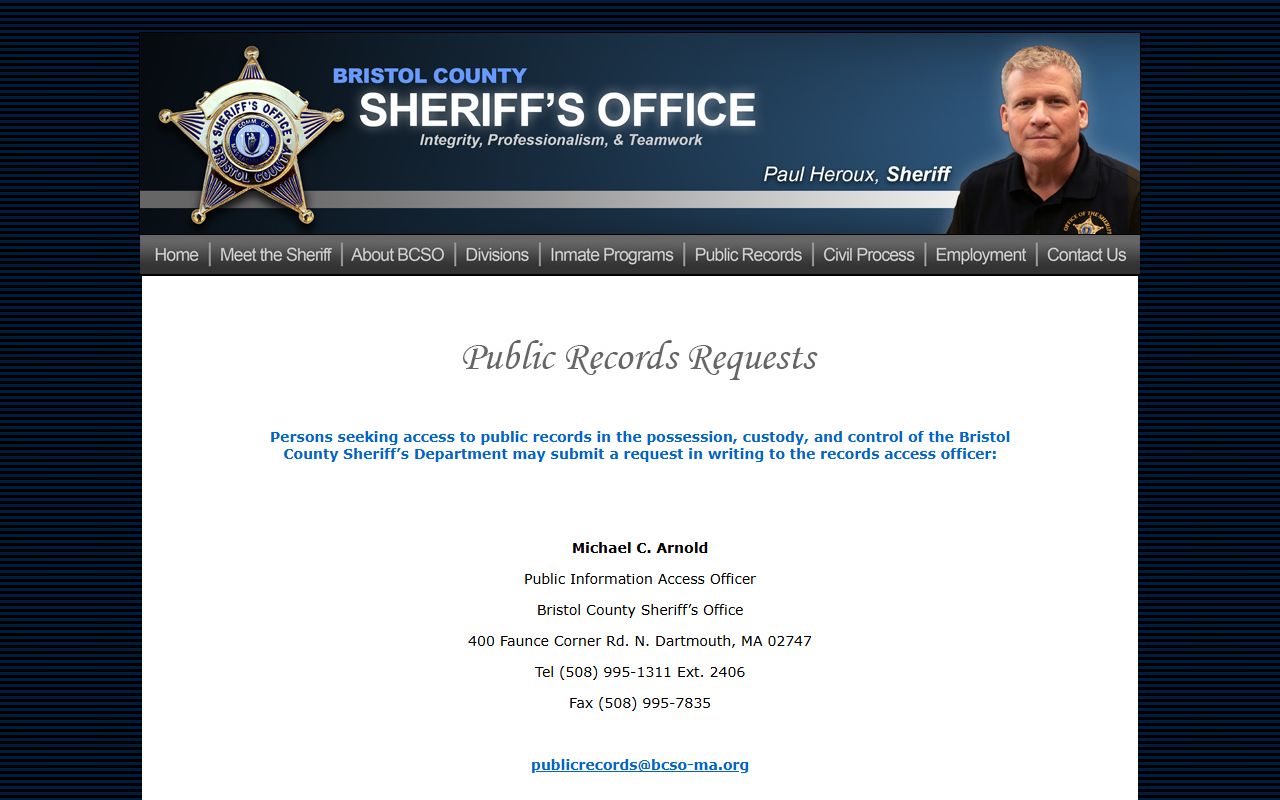 Bristol County Sheriff public records request page for Bristol County inmate population data