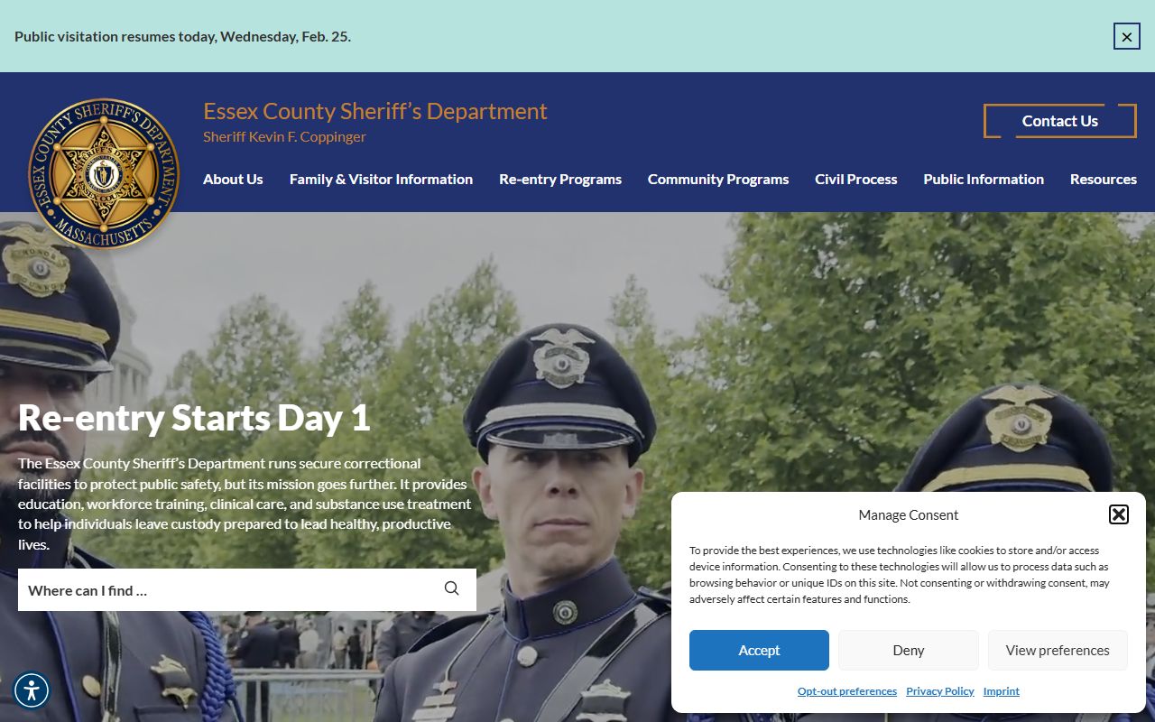 Essex County Sheriff official website for inmate population information