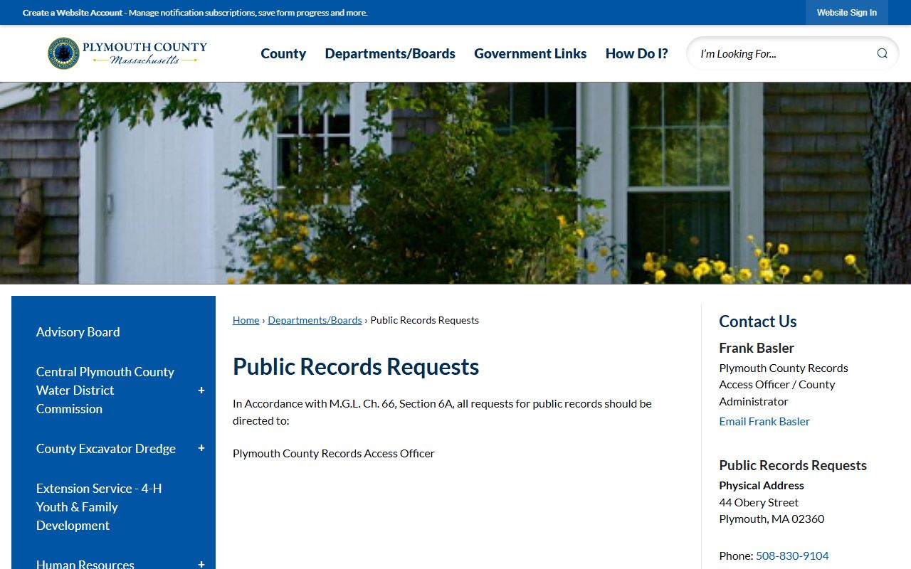 Plymouth County public records requests page for Plymouth County inmate population data