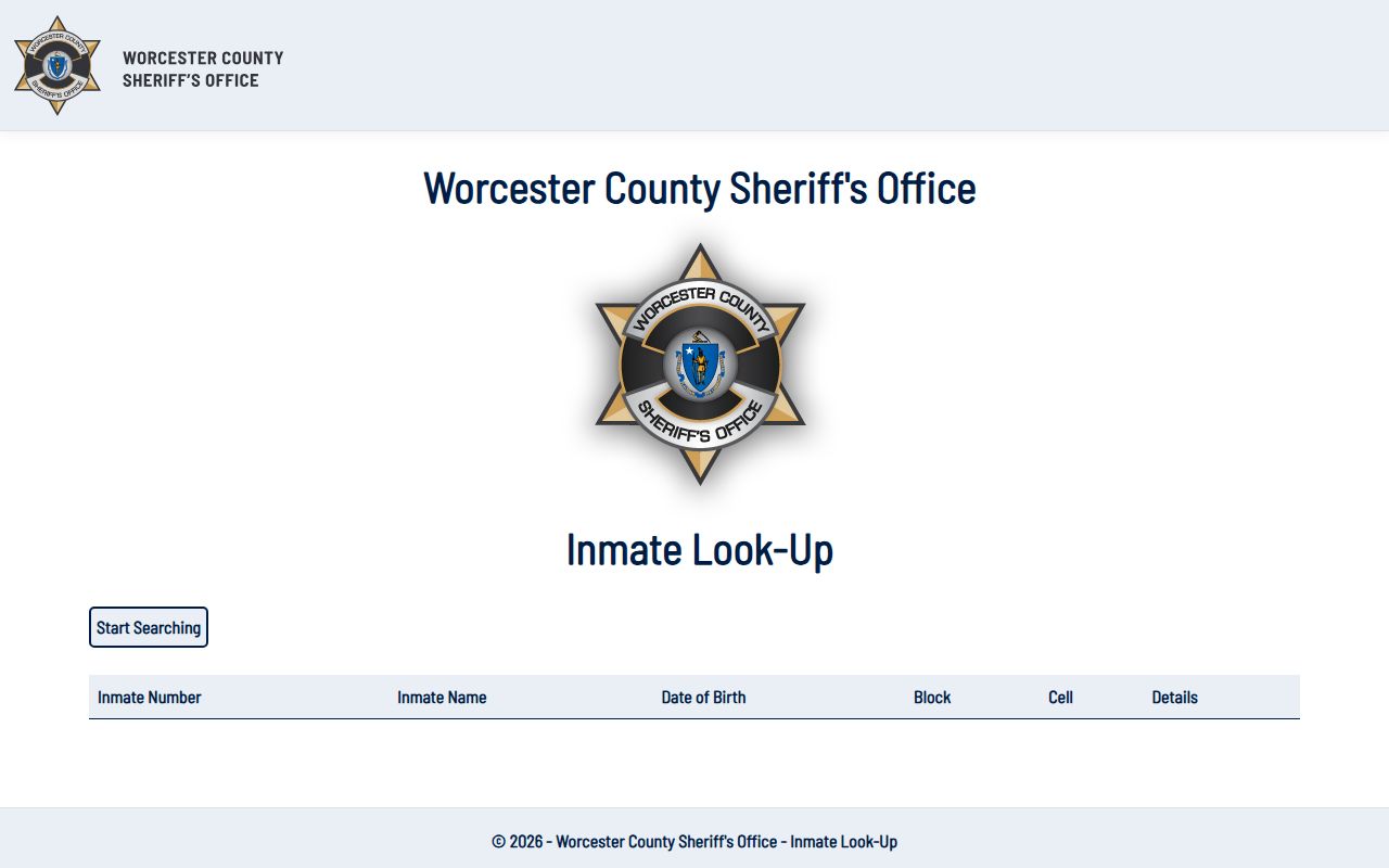 Worcester County official inmate search tool for inmate population lookup