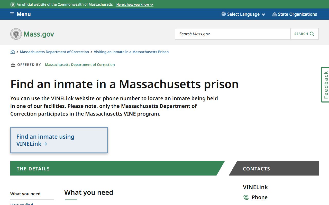 Massachusetts DOC inmate search instructions for inmate population lookup