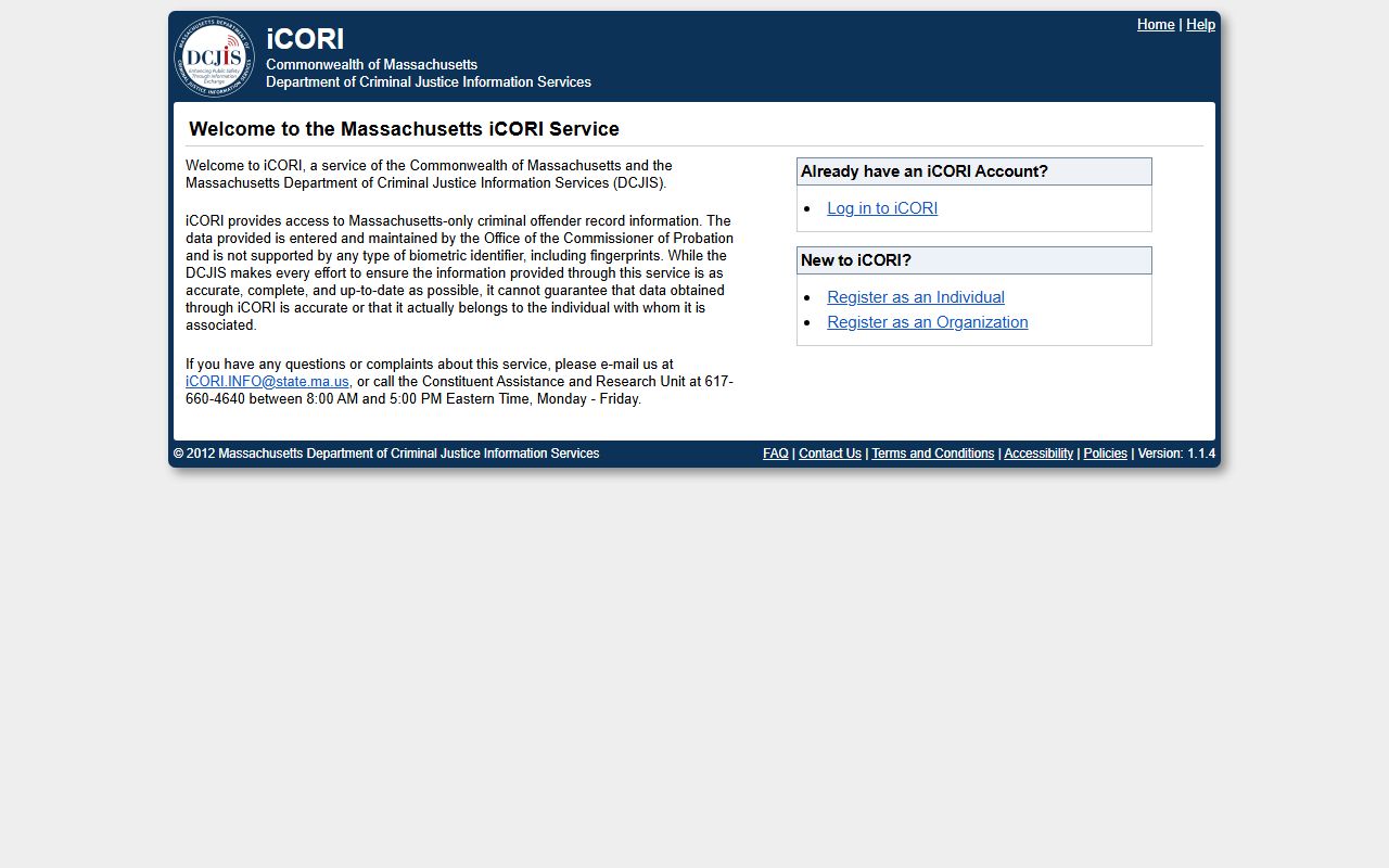 iCORI login portal for Massachusetts criminal history related to inmate population