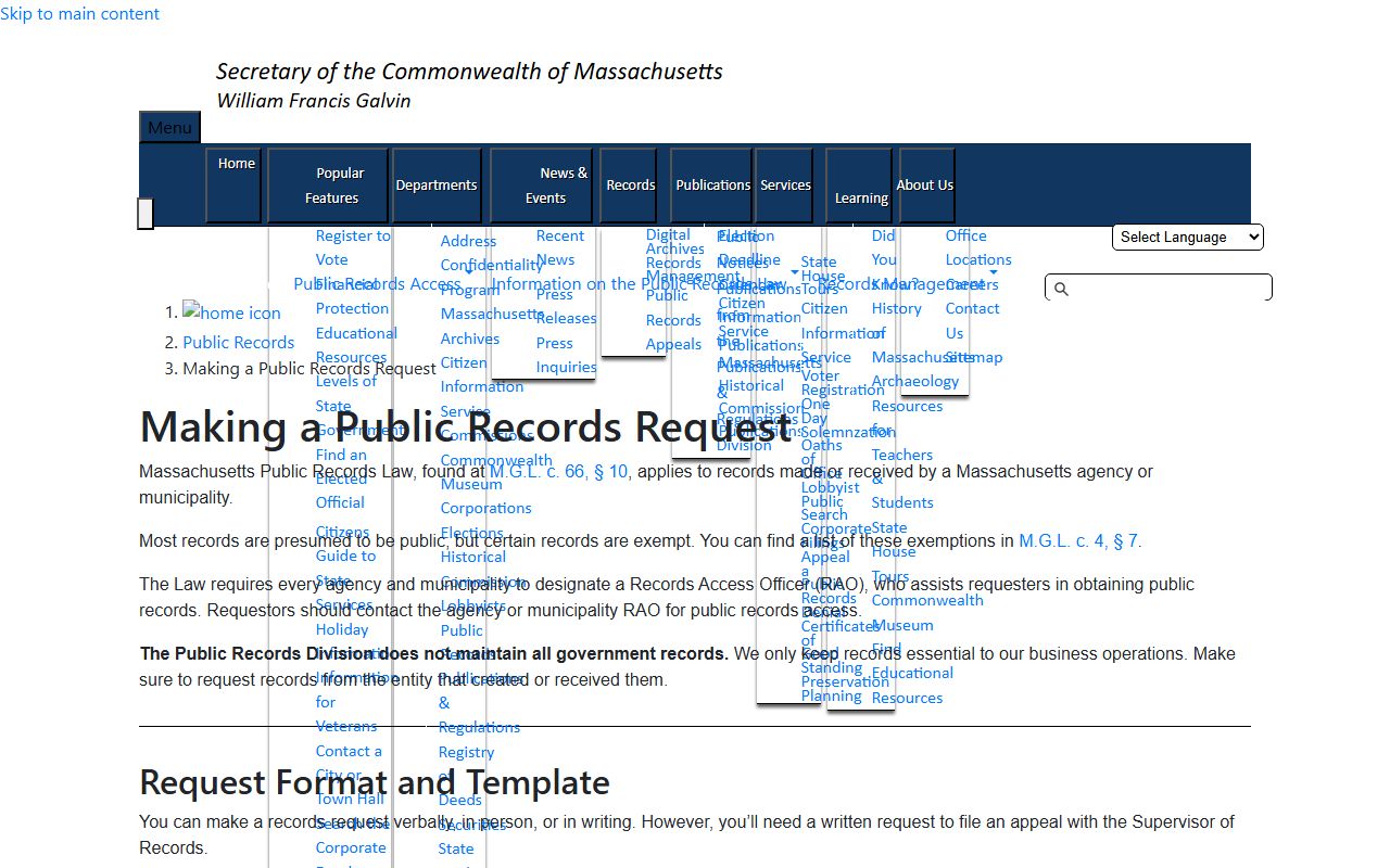 Massachusetts records request guide for accessing inmate population records